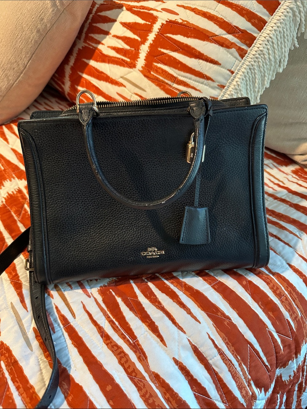 Coach Zoey Caryall Black Pebbled Leather Satchel with Top Handles